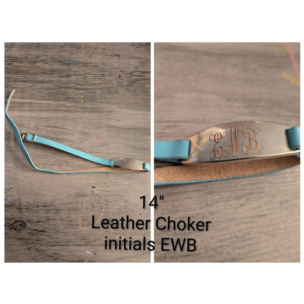 Light Blue Leather Choker Necklace Silver ID Plate Engraved Initials EWB 14 Inch